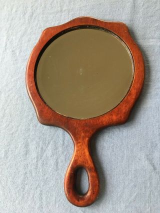 Antique Primitive Wood Hand Mirror Beveled Glass Vintage Vanity