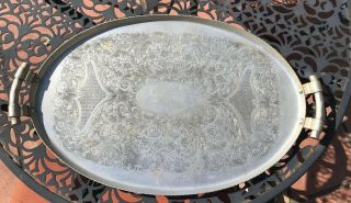 Vintage Large Oval Metal Engraved Floral Serving Tray With Handles 18”x12”