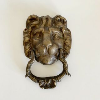 Vintage Lion Head Heavy Solid Brass Door Knocker Patina Weathered 7” X 4.  5”