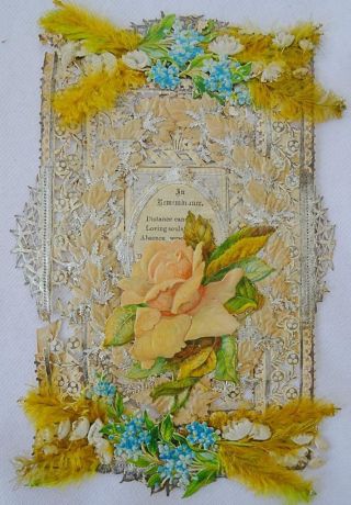 Victorian Paper Lace Antique Greeting Card Valentines Die Cut Silk Flowers C1870