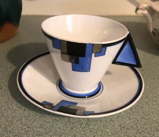 Shelley Art Deco Blue Blocks Mode Shape Cup And Saucer Set Rare