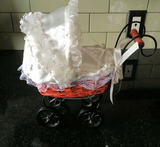 Victorian Wicker Iron Doll Buggy Carriage Pram With Satin & Lace Lining 10x10 "