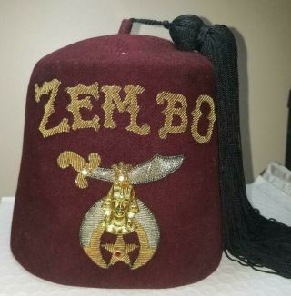 Very Early Zembo Shriners Jeweled Fez Hat W/ Rare Tassel Jeweled Sword Pin