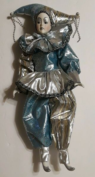 Porcelain Mardi Gras Jester Doll 18 " Blue Silver 1 Pc Clothing Painted Face Guc