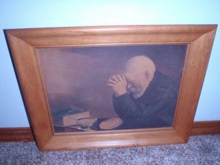 Rare Vintage Grace Picture " Old Man Praying Before Meal " Framed 16 1/2 " X 13 1/4