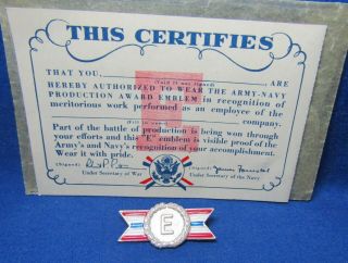 Wwii Sterling Army Navy E For Production Award Pin With Card Rare