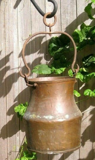 Antique Old Vintage Solid Copper Pail Pot With Wrought Iron Handle & Ring