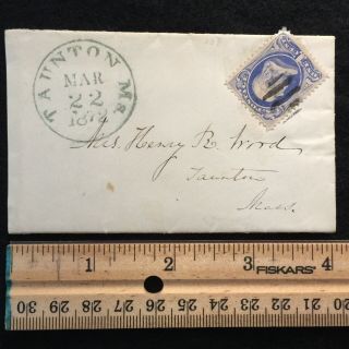1872 Tiny 4 Inch Taunton,  Massachusetts Cover,  {rare Green} Cds,  1 Cent Stamp