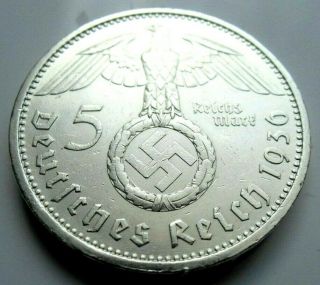 (55) Rare Wwii German 5 Mark - 1936 A - 90 Silver - Coin Big Swastika