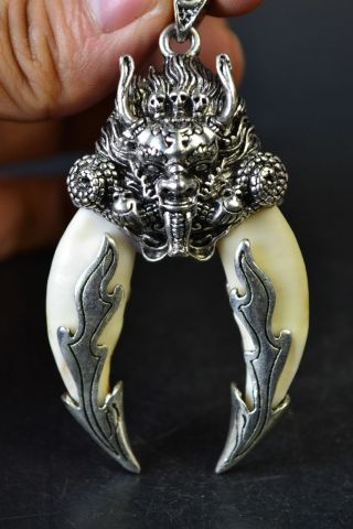 Collectible Decor Old Tibet Silver Dragon Theme Inlay Lucky Pendant Rn