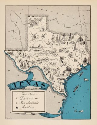 1930s Animated Texas State Map Rare Map Reprint Map Of Texas Wall Art Usbl
