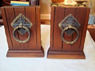 Mid - Century Walnut Wood Bookends Vintage Antique Brass Rings