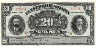 México / Sonora 20 Pesos 3.  1.  1915 Series M Rare Uncirculated Banknote La3