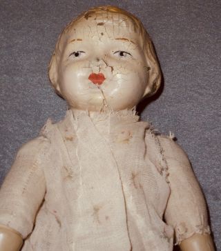 Antique Doll Paper Mache ? Head Muslin Straw Stuffed Jointed Body Guaze Clothing