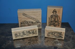 STAMPIN UP Fire Brigade Retired Stamp Set Rare Fireman Dalmatian Dogs Truck Hat 3