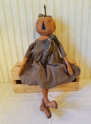 Primitive Grungy Orange Pumpkin Lady Halloween Doll & Her Black Crow