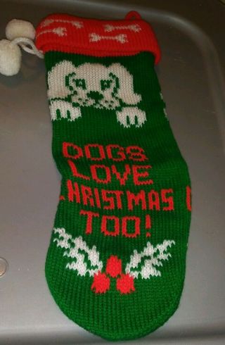 Rare Vintage Dog Christmas Stocking Red And Green Bones Small Knitted Puppy