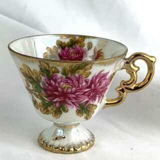 Vintage Lusterware Iridescent Footed Tea Cup November Chrysanthemum Hand Painted
