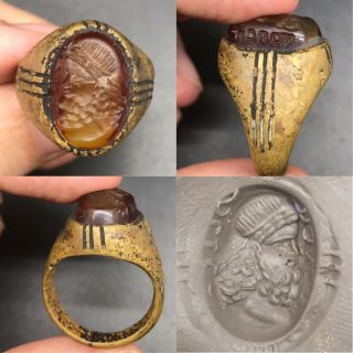 Ancient King Intaglio Old Agate Stone Old Bronze Antique Ring