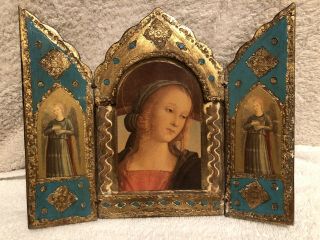 Gilt Wood Italian Florentine Madonna Angels Triptych Icon