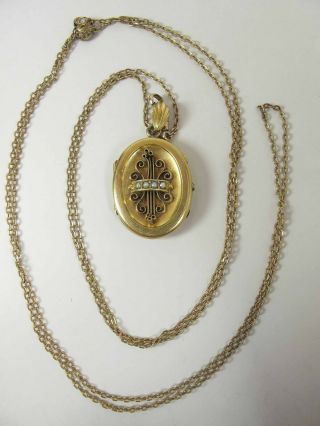 Antique Gold Filled Memorial Locket With Hair On 50 - In Guard Chain With Slide