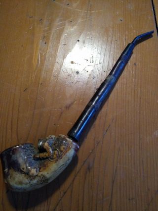 Old Antique Tobacco Pipe With Carved Hunter On It Handmade Bamboo Stem