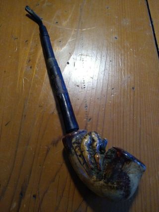 old antique tobacco pipe with carved hunter on it handmade bamboo stem 2