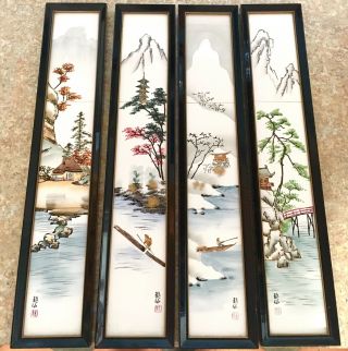 Vintage Hand Painted Chinese Porcelain Tile Plaques - - Mountain Scene Signed