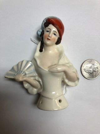 3.  75” Antique German Porcelain Half 1/2 Doll Brunette With Fan S
