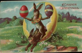 Antique Postcard Easter Greetings Fantasy Rabbits Colored Eggs Emb Dvb C.  1910