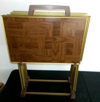 Vintage Tv Tray Set 6 Parquet W/ Stand Holder Mid Century Modern Mcm Rare Trays