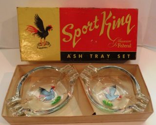 Rare - Vintage Sport King Federal Heavy Glass Ash Tray Set - Painted Rooster Design