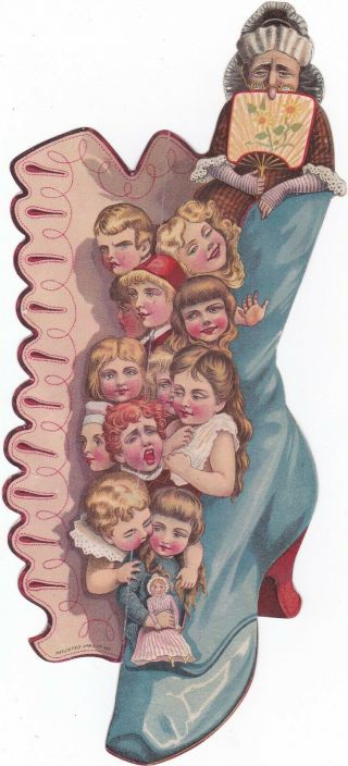 Antique Vintage Die Cut Trade Card Old Woman In A Shoe With Children 1890s Lg