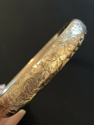 Antique Victorian Engraved Etched Floral Gold Filled Gf Hinged Bangle Bracelet
