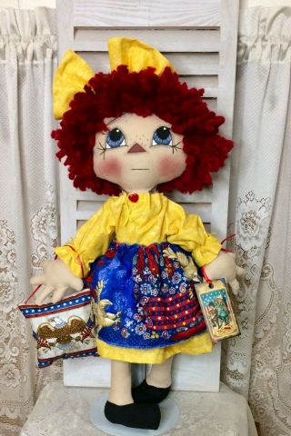 Primitive Raggedy Ann Doll Patriotic Americana Folk Art " Abigail " Shelf Sitter