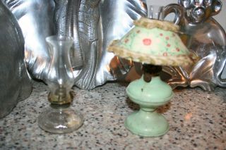 2 Lamps Vintage Green Metal Tin Oil Lamp W/shade 1923 Clear Glass Lamp Antique