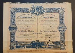 Antique Bond / Puerto Rico Railroad / CompaÑia De Ferrocarriles De Pr 1895 Rare