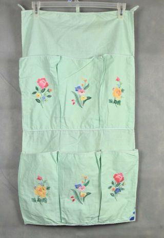 Vintage Retro Hanging Organizer Green Flower Embroidered 6 Shoe Scarf Closet