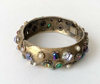 Vintage Multi Color Rhinestone Brass Hinged Bangle Bracelet 6.  5 " X 0.  75 " Rare