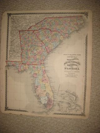 Large Antique 1875 North South Carolina Georgia Florida Handcolored Map Miami Nr