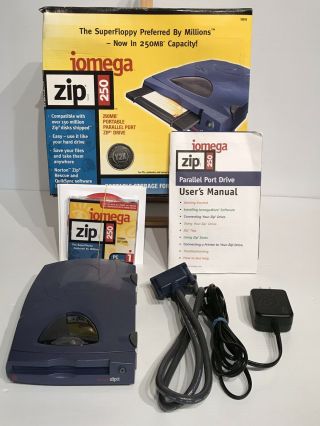 Iomega Zip 250 External Drive Portable Parallel Port Zip Drive Complete Rare Vtg