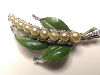 Rare 1940 Crown Trifari Faux Pearl Green Enamel Lily Of The Valley Dress Clip