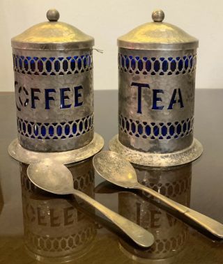 Vintage Metal Coffee And Tea Canisters Antique Tin Canisters Colbalt Blue Glass