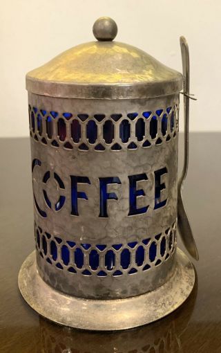 Vintage Metal Coffee And Tea Canisters Antique Tin Canisters Colbalt Blue Glass 2