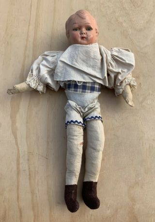 Antique Vintage Paper Mache Head Cloth Body Straw Filled Boy Doll 1920’s 1930’s