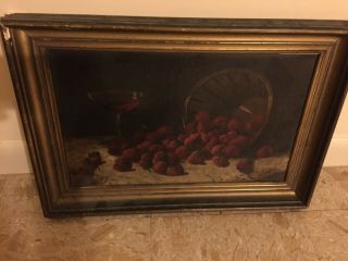 Strawberries & Wine Oil Antique Painting On Canvas.  14 " X 20 "