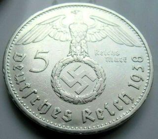 (58) Rare Wwii German 5 Mark - 1938 G - 90 Silver - Coin Big Swastika
