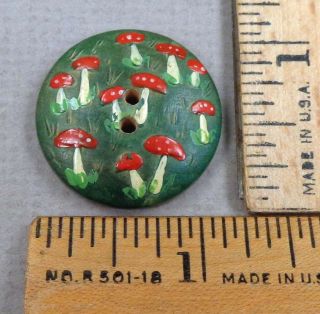 Field Of Mushrooms Vintage Button,  1900s Hand - Painted On Wood Disc,  Sew - Thru