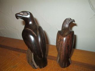 2 Vintage Carved Wood Sculpture Hawk Falcon Eagle Bird Figure Statue Figurine