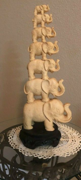 Vintage Asian Stacked Raised Trunk Elephants; Seven Tiers -